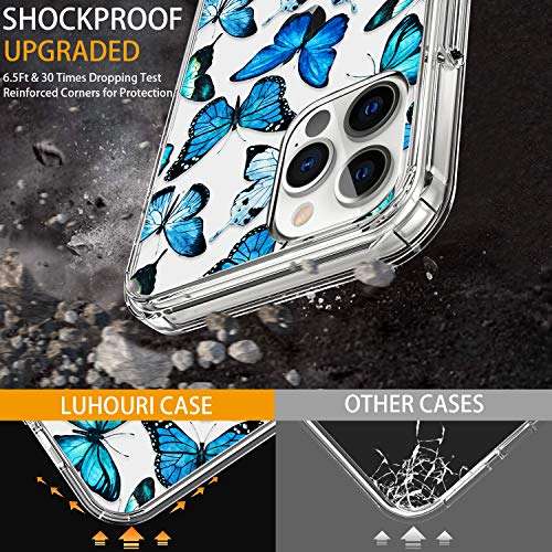 LUHOURI Designed for iPhone 12 Pro Max Case with Screen Protector - Crystal Acrylic Clear for Women and Girls - Slim Fit Protective Phone Cover 6.7" - Floral Blue Butterflies 3