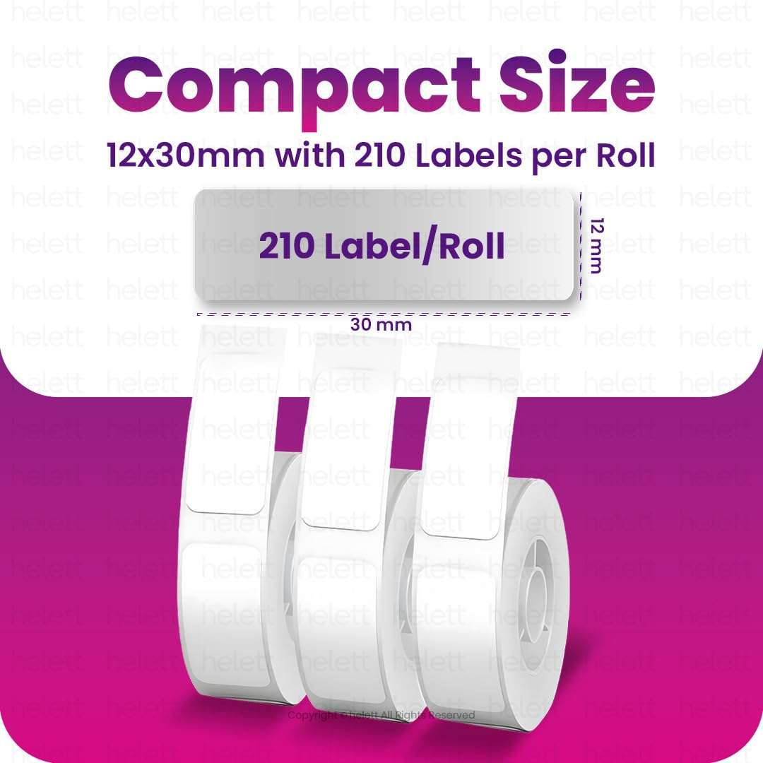 helett HE24 Compatible Label Tape - 12mm x 30mm (3/8" x 1 3/16 ") | Direct Thermal Self-Adhesive Labels | 210 Labels Per Roll | Designed for HE24 Printer (No NFC Tag Required) | Pack of 3 Rolls 3