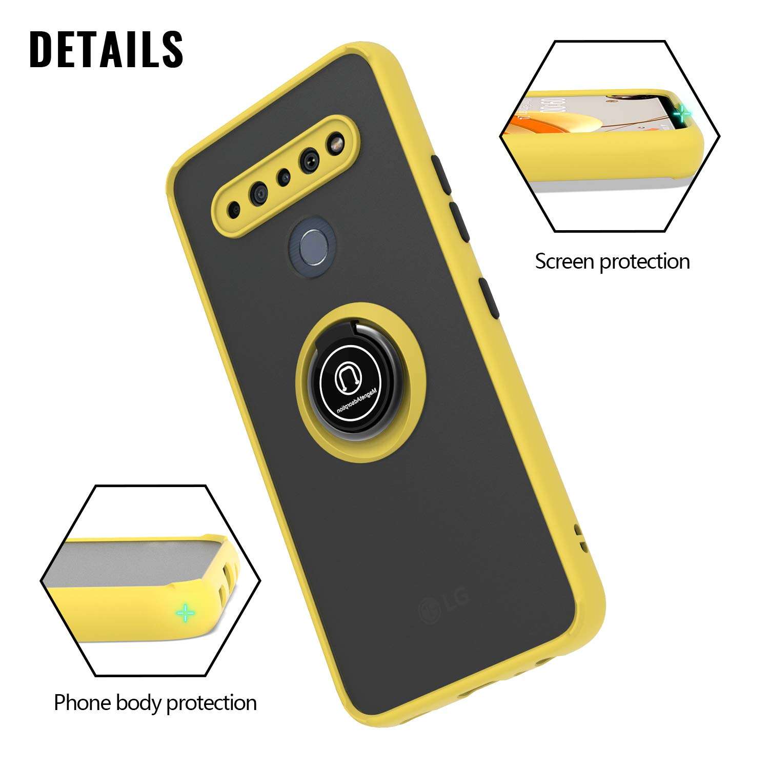 KWEICASE Cell Phone Case for LG K61, LG K61 Case with 360 Degrees Rotate Magnetic Kickstand Soft TPU Bumper Matte Clear Hard PC Dropproof Shockproof Protective Cover Case, Yellow 5