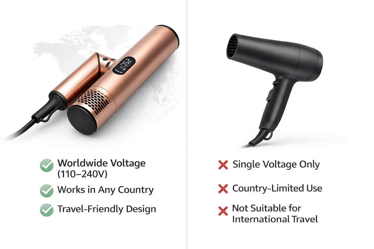 FusionHeat Dual Voltage Travel Hair Dryer with Magnetic Diffuser - 1500W High-Speed Ionic Blow Dryer, Worldwide 110V-240V, Ultra-Lightweight & Compact, Fast Drying with Smart Intelligent Heat Control 4