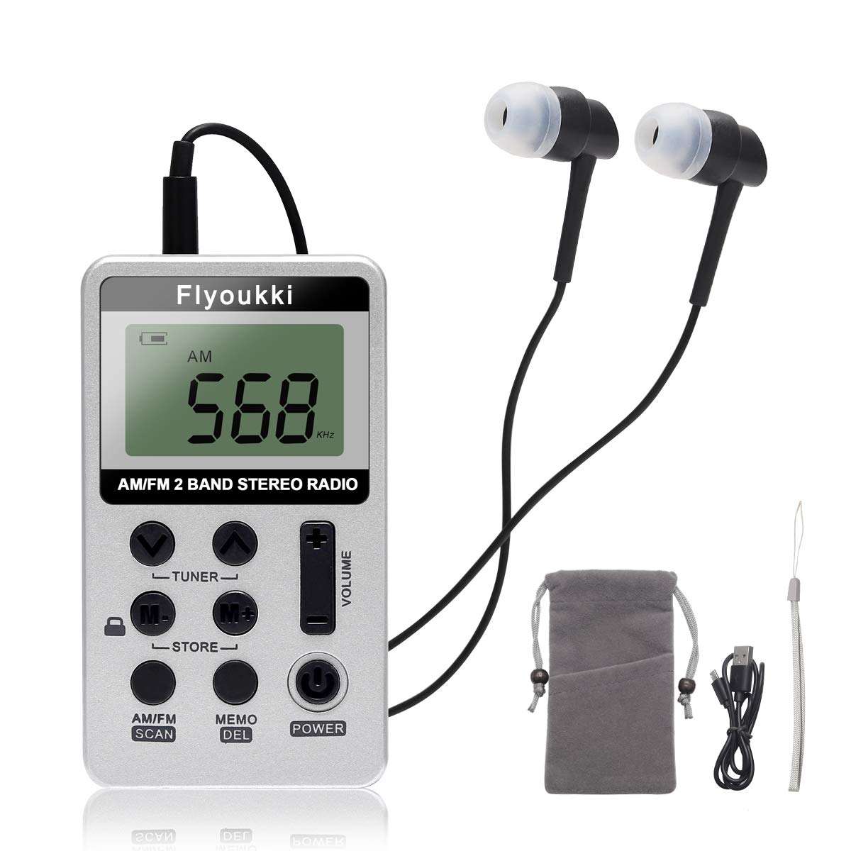 Pocket Small Radio by Flyoukki, Personal Mini AM FM Portable Digital Tuning Transistor Radios with Best Reception, Earphones, Lanyard and Rechargeable Battery for Walking Jogging Exercising (Silver) 1