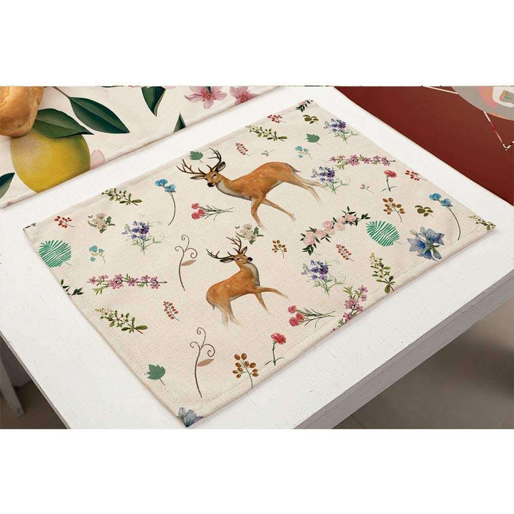 WorldCare® Miracille 2/4/6 pcs Kitchen Modern Accessories Cotton Linen Deer Flower Print Dinner Table Placemats Towel Napkin Decor: 3, 2Pieces 4
