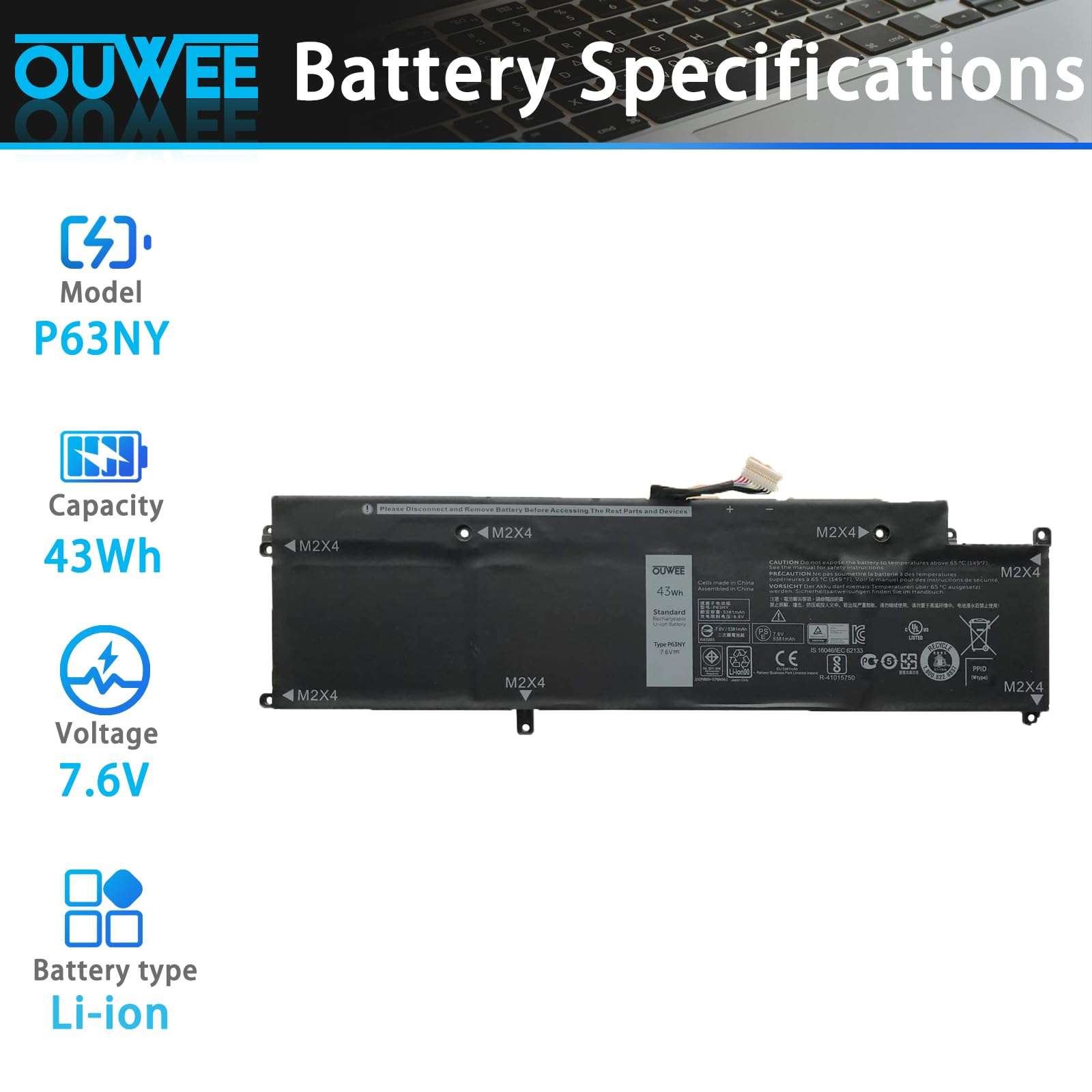OUWEE P63NY Laptop Battery Compatible with Dell Latitude 13 7370 E7370 Series Notebook N3KPR XCNR3 0XCNR3 WY7CG G7X14 0G7X14 7.6V 43Wh 5381mAh 4-Cell 2