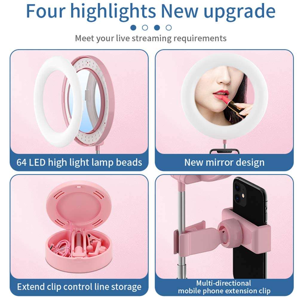 NeotrixQI Selfie Ring Light with Phone Holder, Foldable LED Desk Lamp Dimmable Phone Make Up Ringlight Stand Extendable Makeup Mirror TIK Tok YouTube Video Vlog Recording Photography Tiktok Live Stream (Pink) (G3) 6