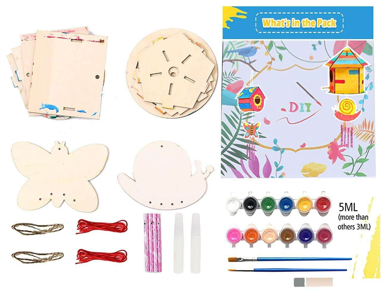 Wooden Birdhouse Kits and Wind Chime Arts And Crafts For Kids to Build and Paint Wooden Arts and Crafts for Kids Girls Boys Toddlers Crafts Ages 4-6 6-8 8-12 DIY Drawing Kits Includes Paints & Brushes 6