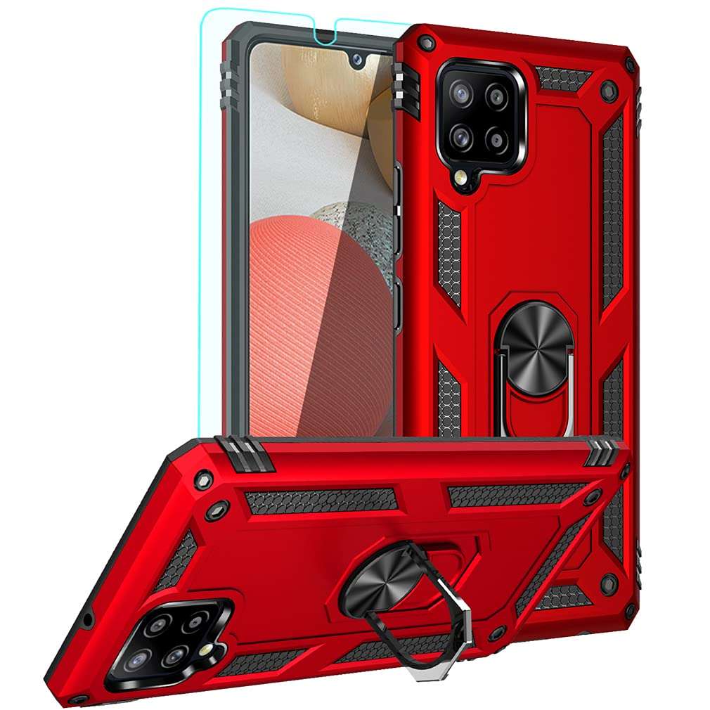 YZOK for Galaxy A42 5G Case,with HD Screen Protector,[Military Grade] Ring Car Mount Kickstand Hybrid Hard PC Soft TPU Shockproof Protective Case for Samsung A42 5G (Red)