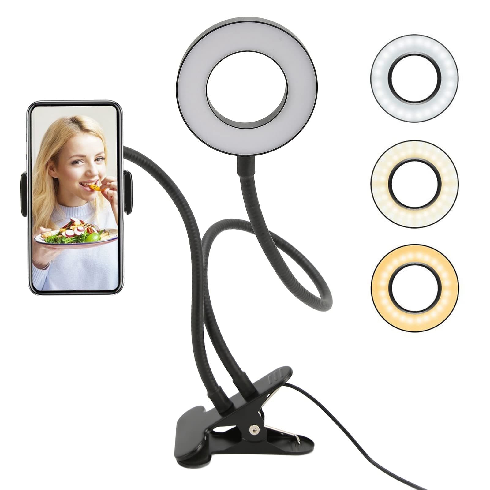 BEIJIALY Selfie Ring Light, 10 Levels Brightness 3 Light Colors 360° Flexible Gooseneck LED Desk Lamp 5000K LED Camera Ring Light for Salon Make Up(Black) 1