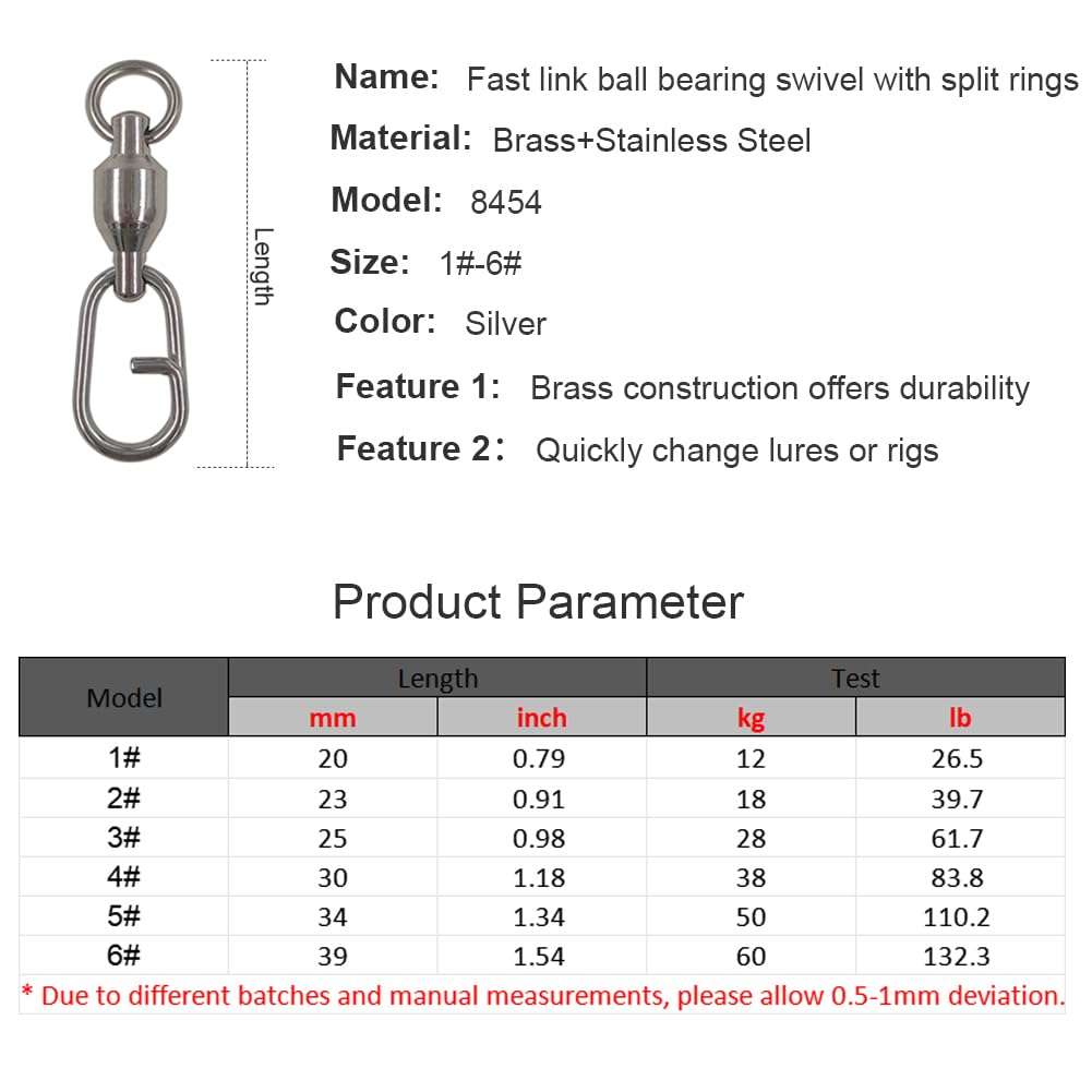 unclesportinfof 25/50pcs Ball Bearing Swivel Fishing Stainless Split Ring Fish Hooks Connectors for Saltwater 7LB-132LB (8454, 3#-0.98"/61LB-25PCS) 3