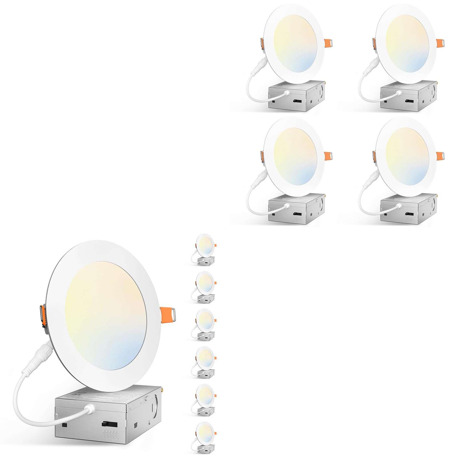 Amico 10 Pack 5 Inch 5CCT Ultra-Thin LED Canless Recessed Ceiling Light with Junction Box, 2700K/3000K/3500K/4000K/5000K Selectable, 11W=75W, 900LM High Brightness, Dimmable Wafer Downlight-ETL&FCC 1