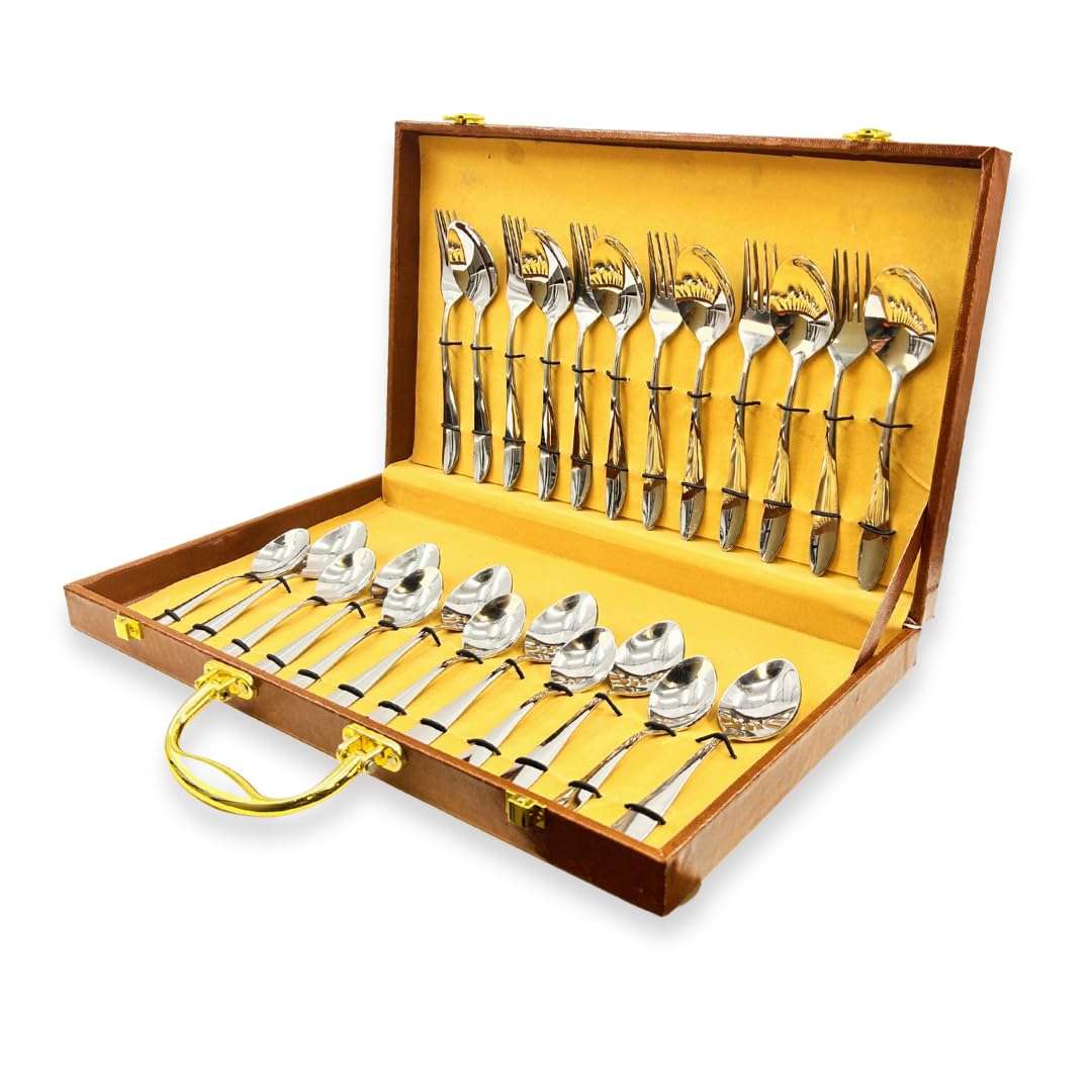 ELARE Silver Plated Stainless Steel Cutlery Set of 24 Pieces with Leatherette Box | Premium Silver Finish Spoon Fork Set for Dining Table | Luxury Festival Gifting Cutlery Set | Home & kitchen dining.