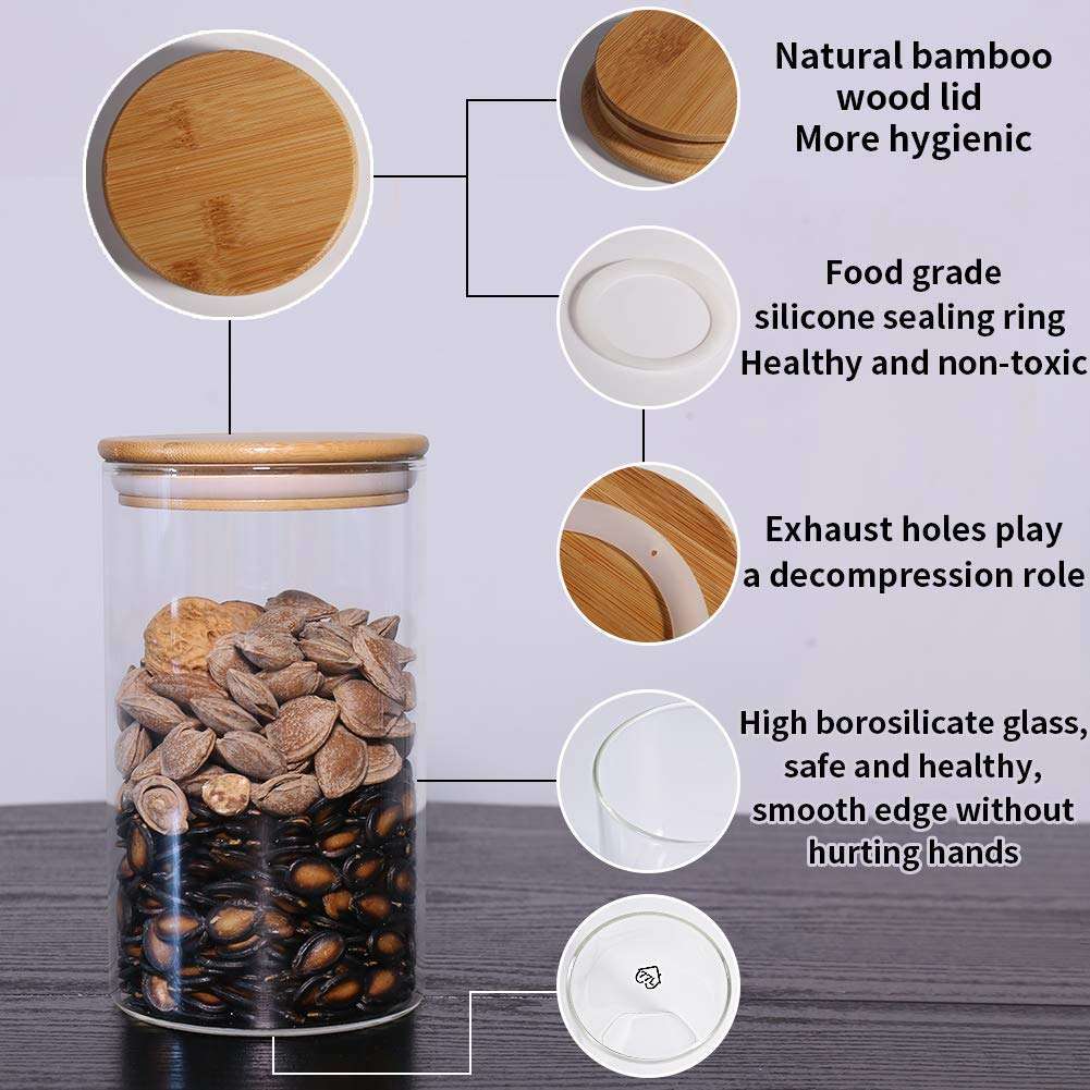 Big Cart Bamboo Lid Jars Glass Food Storage Containers Set,Airtight Food Jars with Wooden Lids - Kitchen Canisters for Sugar,Candy, Cookie, Rice and Spice Jars (1000ml) (1) 4