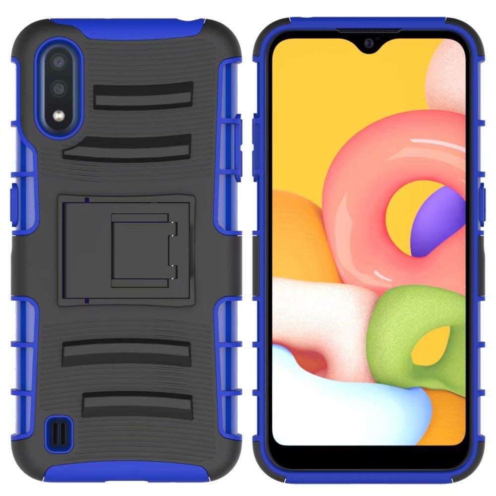for Samsung Galaxy A01 (SM-A015F SM-A015V A015M), Case + Tempered Glass Sceeen Protector, Anti-Slip Shockproof Rugged Belt Clip Holster Heavy Duty Hybrid Tough Armor Case w/h Kickstand (Blue) 3