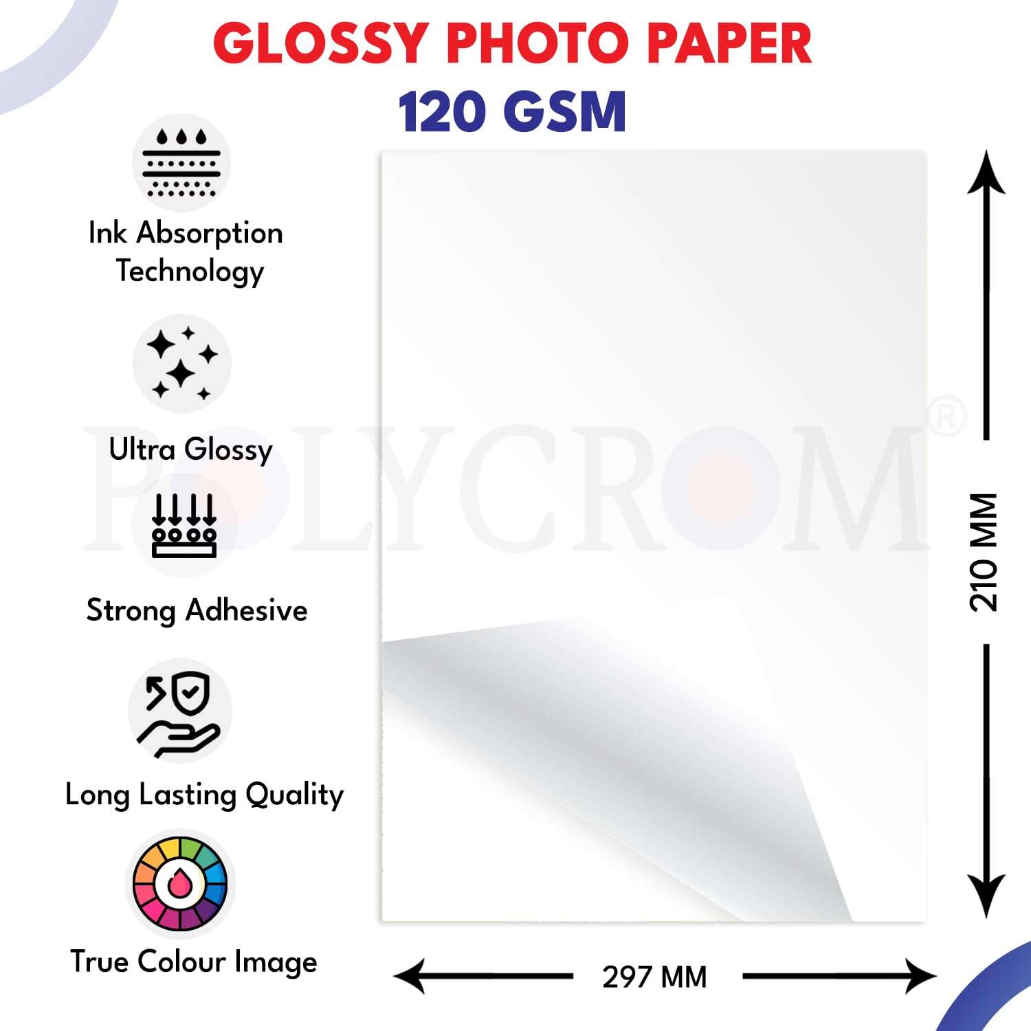 Polycrom Korean Photo Glossy Inkjet Sticker Paper A4 Size - White,Vibrant, Crisp, Smudge Proof, Dry Fast : 120 GSM 50 Sheets 2