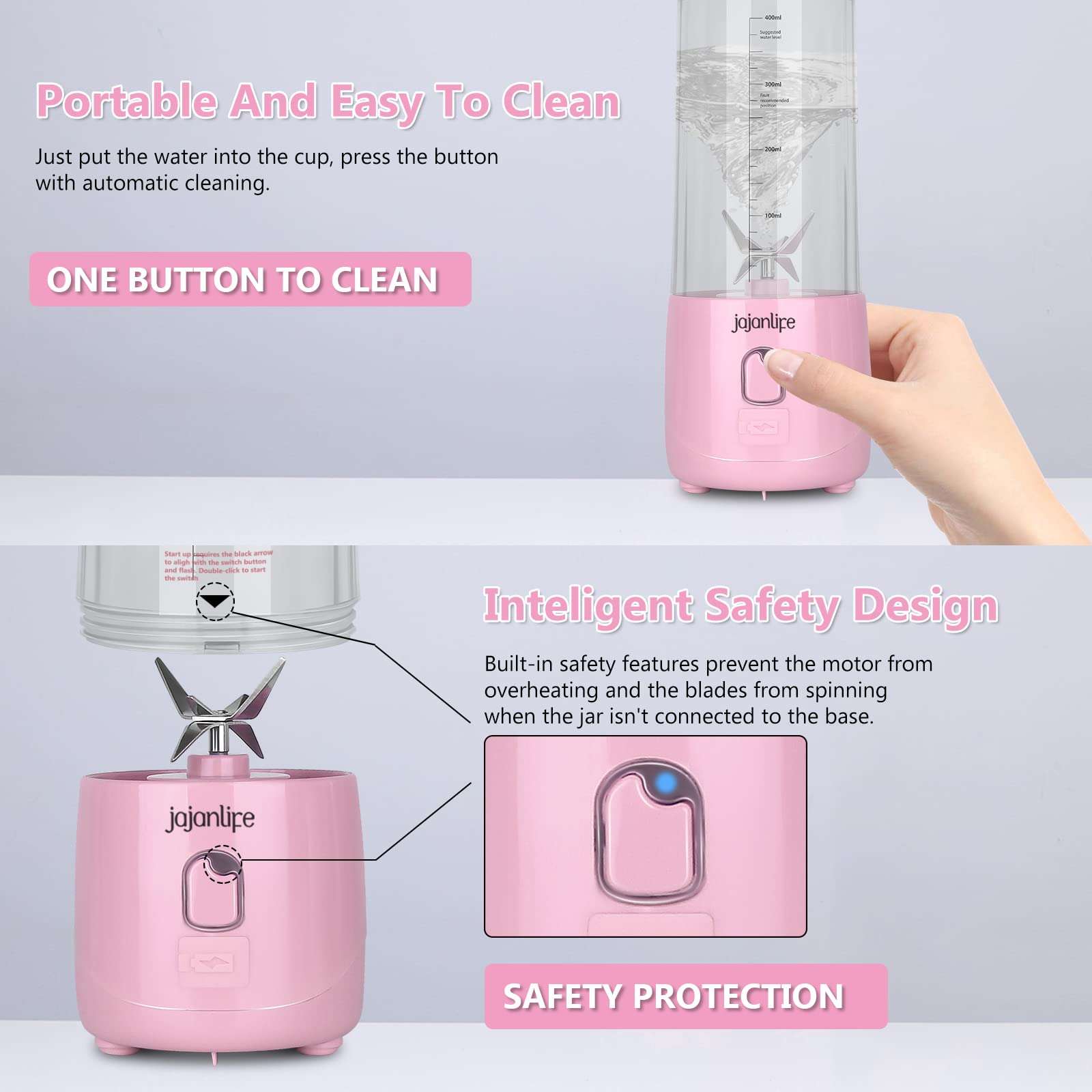 Personal Blender Portable Blender for Shakes and Smoothies USB Rechargeable 13.5 oz Mini Blenders 150W 3D Six Blades 4000mAh Battery Juicer for Gym, Office, on the Go (Pink) 5