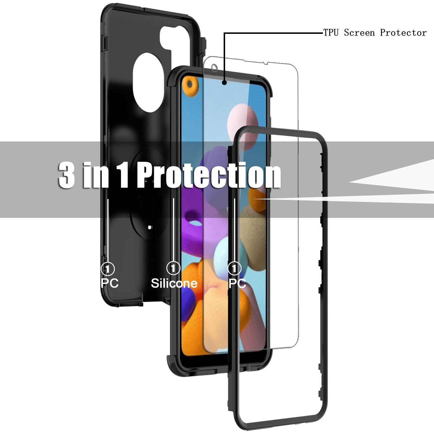 lovpec Compatible with Galaxy A21 Case with Screen Protector, Ring Holder Kickstand Shockproof Protective Phone Cover Case for Samsung Galaxy A21 (Black) 4