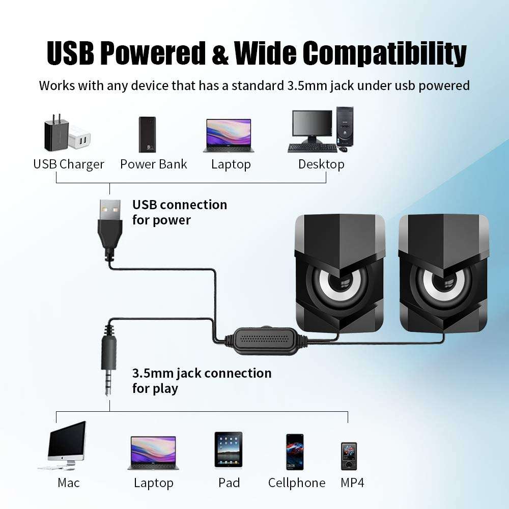 [2021 Version] Mini Computer Speaker, PC Wired Desktop Speaker, 2.0 Stereo Sound USB Powered Laptop Speaker for Computer, Desktop, Mac, Pad, Cellphone and More (Black) 3