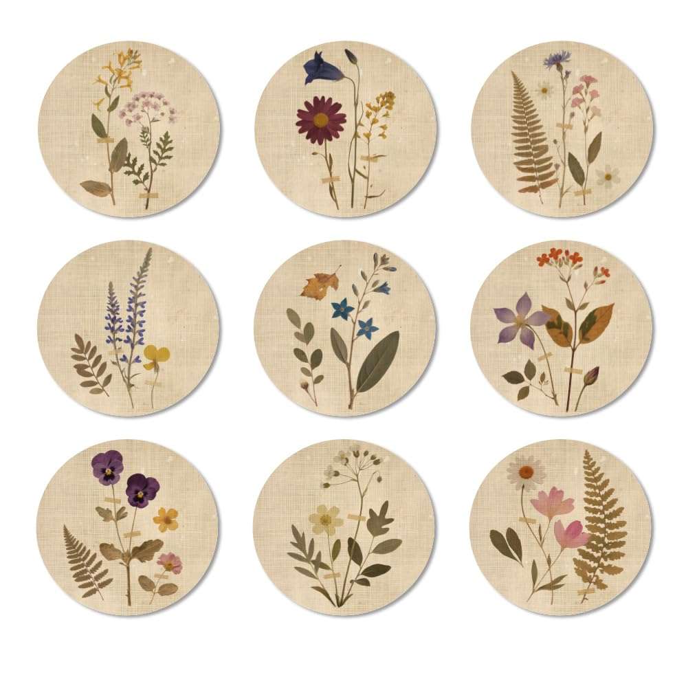 ANATTASOUL Coasters Set of 9 Vintage Flowers and Plants Pattern Colorful Wooden Coasters Bulk Round Housewarming Gift for New Home, 3.9" Decorative Coffee Table Protection for Farmhouse Bar Decor 1