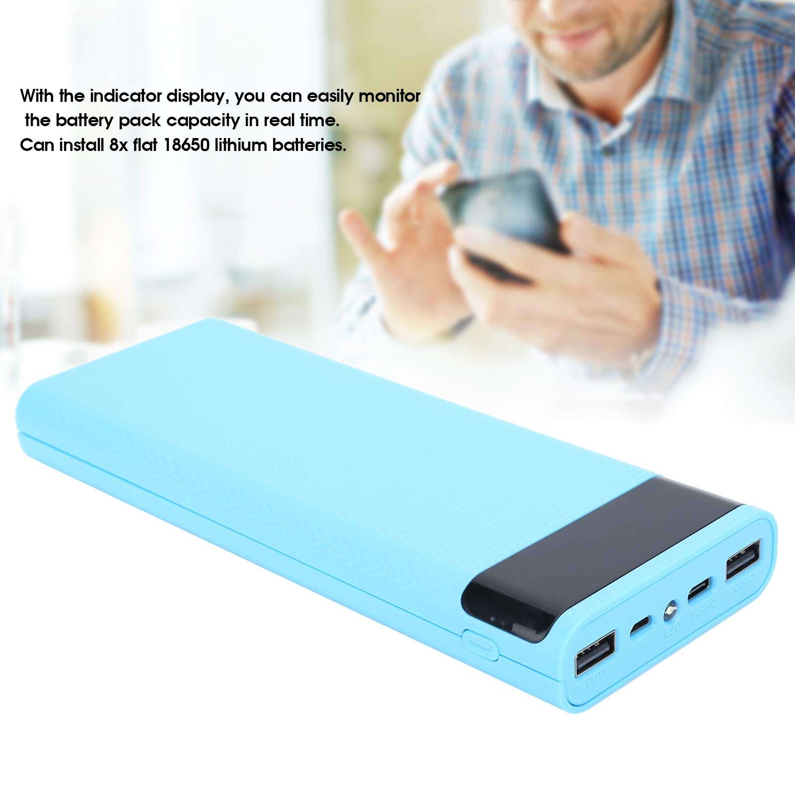 8X 18650 Battery Power Bank, LED Flashlight Battery Storage Box, Power Protection Lightweight DIY for Tablets Power Bank Supply Jacking Accessory Smart Phones(Blue) 3