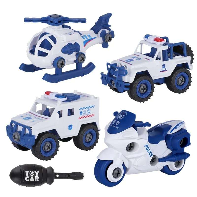 TEC TAVAKKAL Pull Back City Police Vehicle Set of 4 DIY Take Apart Toys With 1 Screwdriver Tool - Kids Building Cars Birthday Gift for Boys and Girls Toddlers, Blue, White 3