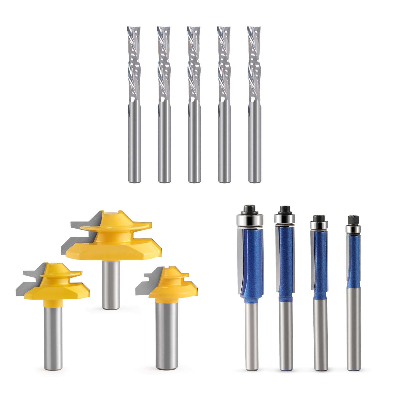 Downcut Bit 1/8" Shank,Flush Trim Router bit 1/4 Shank Bearing Flush Trim Router Bit, 45 Degree Lock Miter Router Bit 3-Piece Set 1