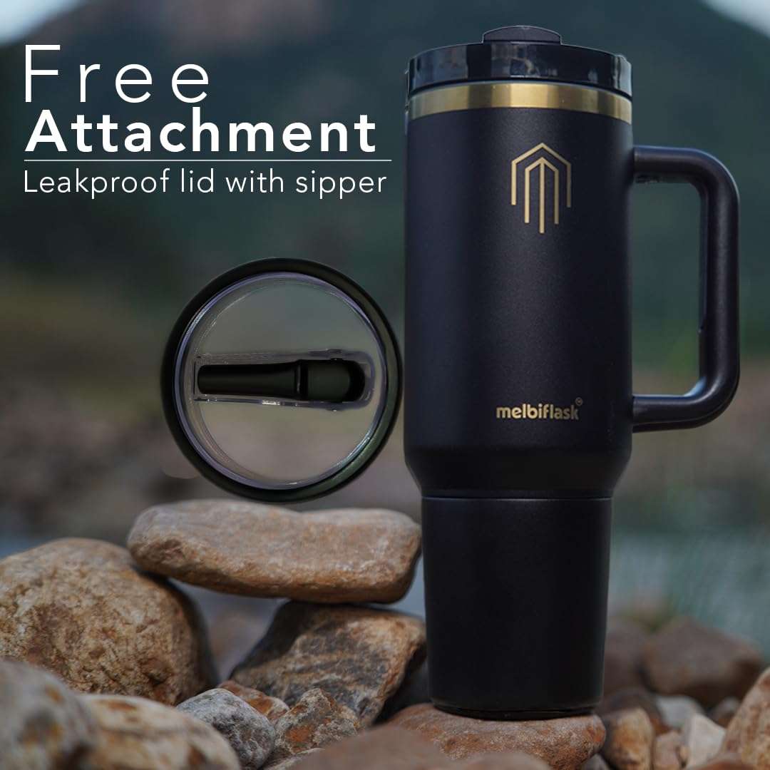 Melbify | 2 in 1 Melbicup Vacuum Insulated Mug with Storage Cup |1200 ML | Gold Rim | Hot 6 Hrs & Cold 12 Hrs | Thermos Mug with Hangle | Dual Sip Lid | Ideal for Travel, Office,Home, Gym & Gifts 3