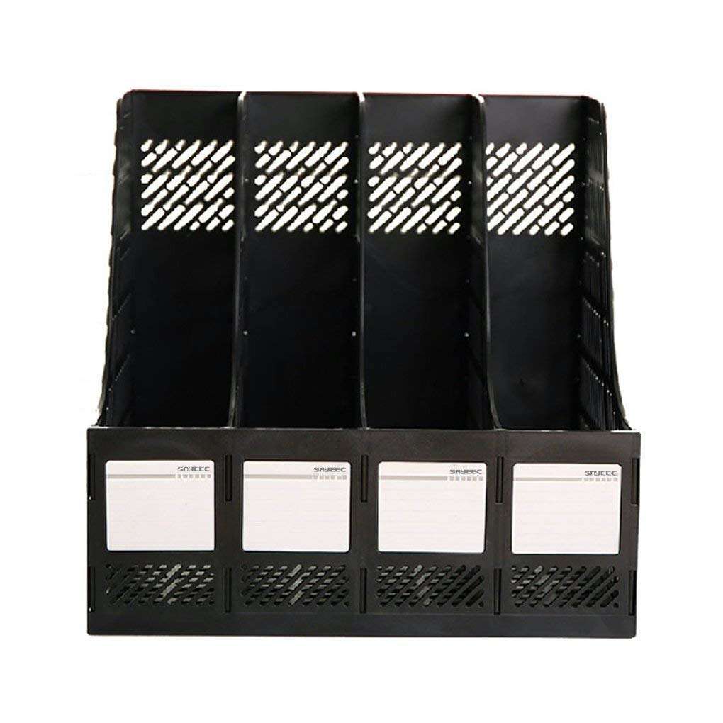 PRANIJ Desktop Magazine Holder Countertop Desk File Organizer 4 Compartments | Plastic Vertical File Dividers Book Holder & Cabinet Document Storage Rack (Black, Step Shelf) 3