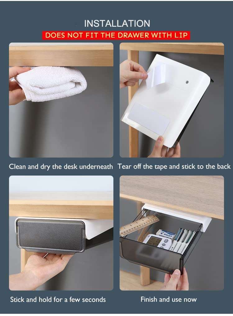 COZYWELL Slide-Out Under Desk Drawer for Office/Bedroom/Schoolroom/Kitchen, Self-Adhesive Under Table Drawer Office Storage Organizer Mounts to Desktops Tables and Workbenches (Black) 6