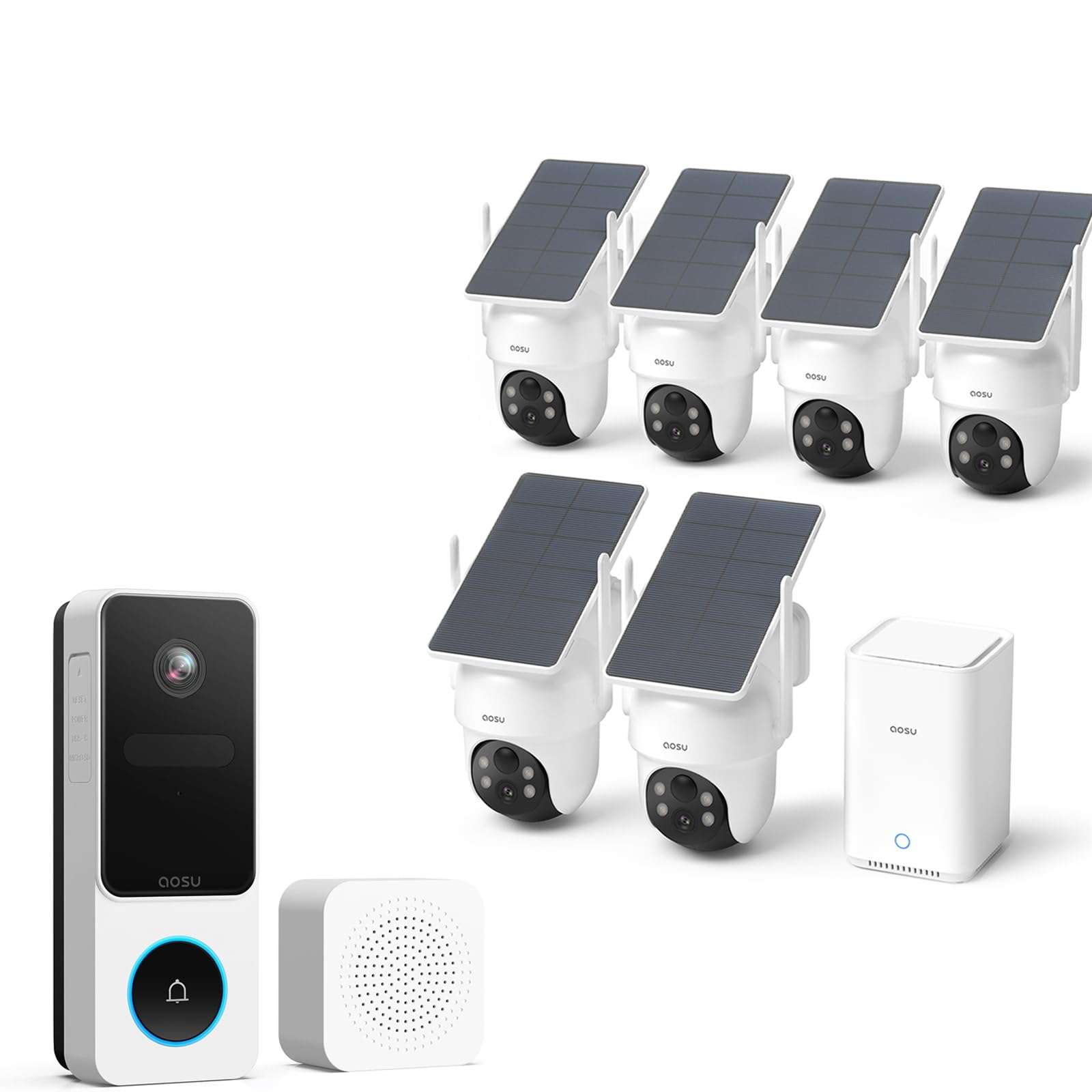 AOSU Outdoor Security Bundle – 6-Cam Wireless Solar Camera Kit with 360° Pan-Tilt + Smart Wireless Video Doorbell with Head-to-Toe View, Package Detection, No Subscription, Works with Alexa & Google A 1
