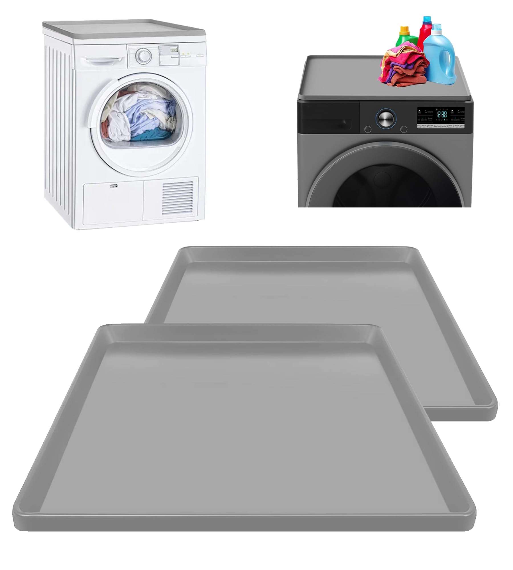 Refrigerator Floor Protector, 24" x 24" x 0.8" Mini Fridge Silicone Mat, Under Refrigerators Mat with Raised Edge, Laundry Guards for Washer and Dryer, Large Drip Tray, 2 Pack, Grey