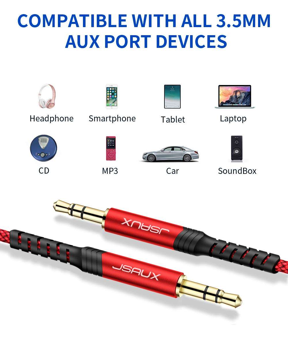 JSAUX 2 Pack AUX Cable, [4ft/1.2m- Copper Shell, Hi-Fi Sound] 3.5mm TRS Auxiliary Audio Cable Nylon Braided Aux Cord Compatible with Car/Home Stereos,Speaker,Headphones,Sony,Echo Dot,Beats - Red 6