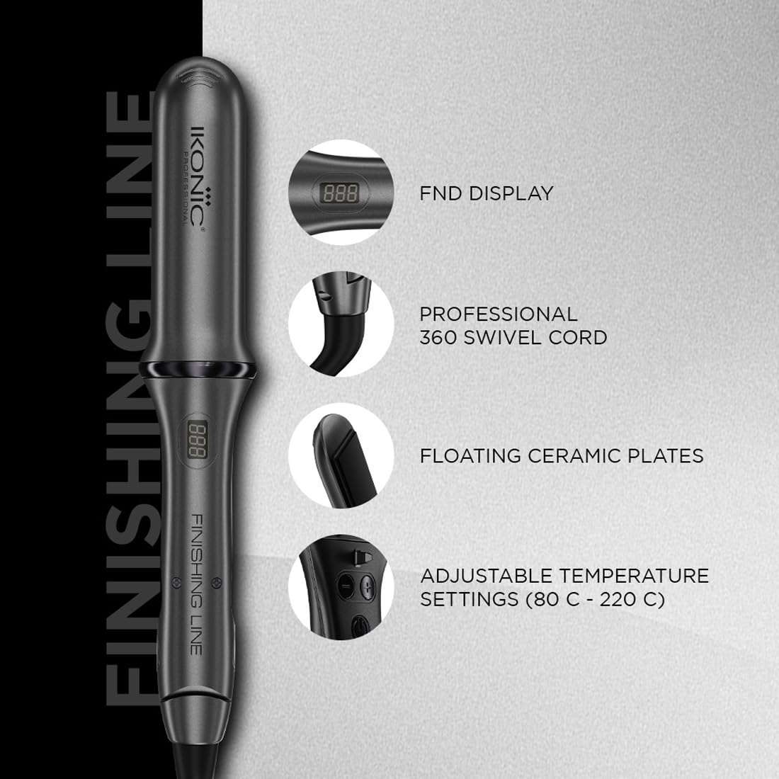 Ikonic Finishing Line Hair Iron Straightener with Digital Dispaly, Maximum temperature of 220 degrees, Floating ceramic plates, Ionic technology, Automatic shutoff, For All Hair Type 4
