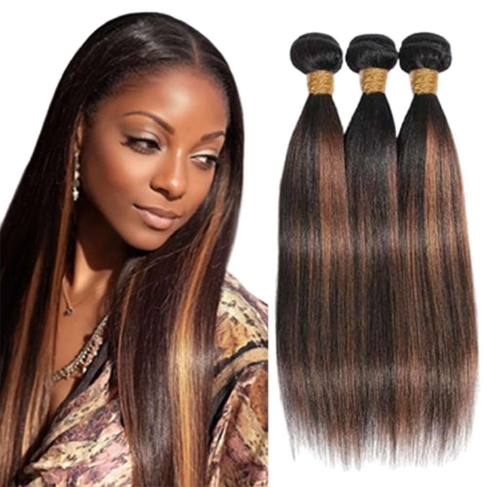 BilltiiWW P1B30 Highlight Straight Bundles Black Mixed With Light Brown two tone Brazilian Human Hair Wavy Weave With Soft and Silky for Women 8 10 12 Inch 1