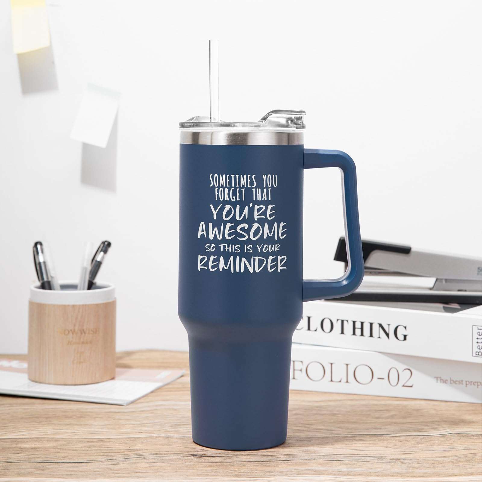 NOWWISH Inspirational Gifts for Men, Sometimes You Forget You're Awesome 40 oz Tumbler with Handle and Straw, Birthday Gifts for Him Husband Dad and Boyfriend - Navy Blue 5