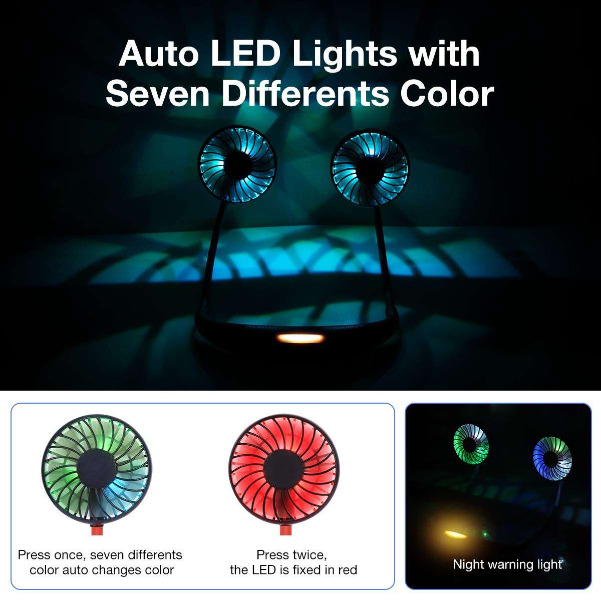GIM 6.5-17 Hours Rechargeable USB Portable Hanging Neck Personal Sports Fan with 3 Level Air Flow 7 LED lights (Black, Red) 4