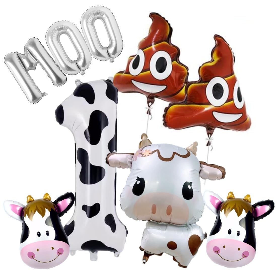 Atpata Funky Calf Theme 1st Birthday Balloons Combo – Cow Print No.1 Balloon, Calf Balloon, Cow-Face Balloons, Poop Balloons & MOO Letters for Farm House Barnyard Party Decor