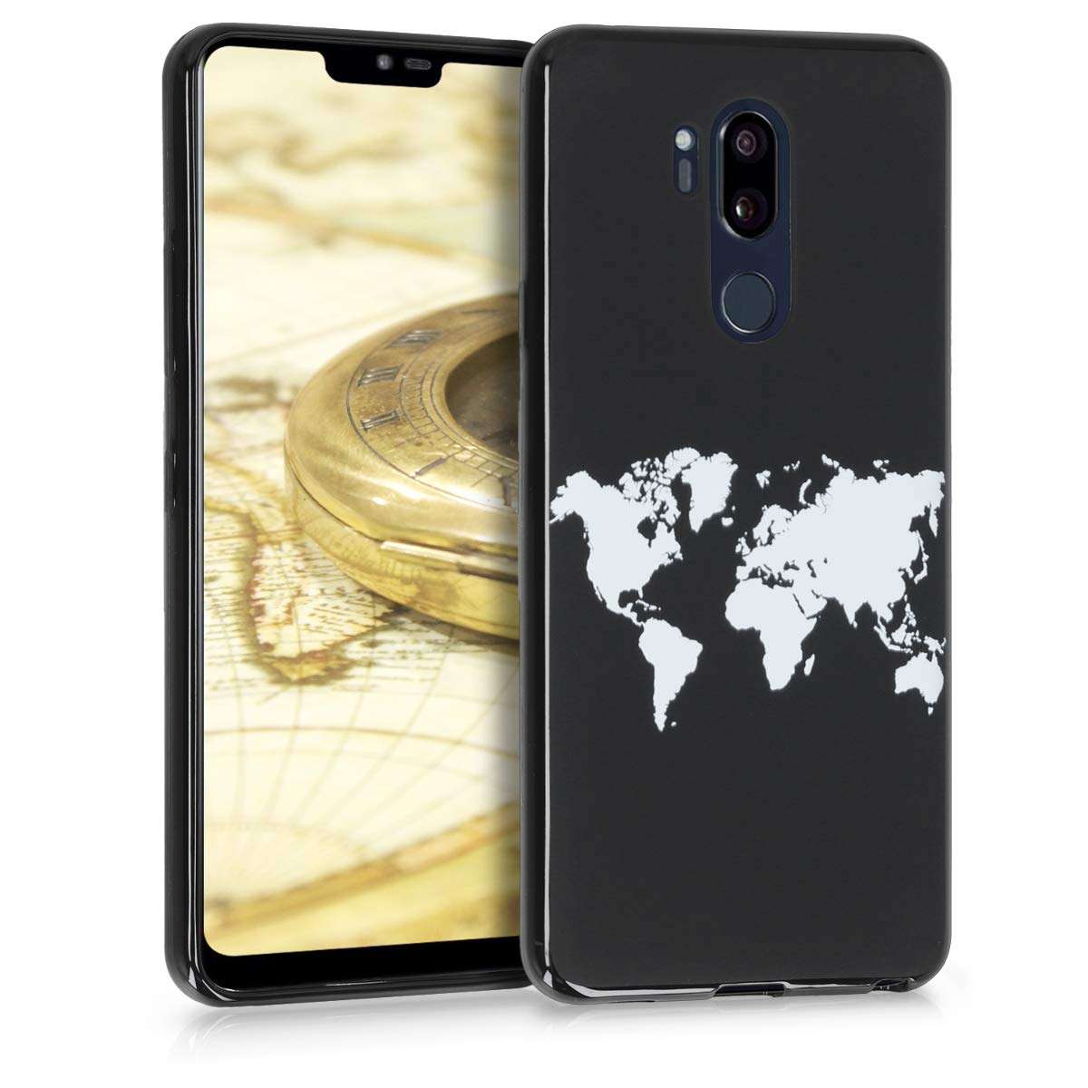 kwmobile TPU Silicone Case Compatible with LG G7 ThinQ/Fit/One - Case Soft Cover - Travel Outline White/Black 1