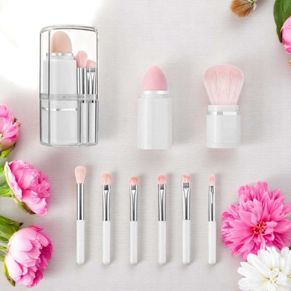 MESKIN Travel Makeup Brush Set (White) – 8-in-1 Portable Kit with Mini Foundation Brush, Powder & Blush Brushes, Eye Tools, Puff Sponge & Storage Organizer 4