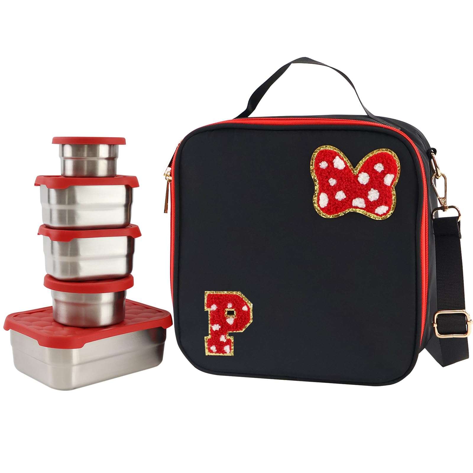 Personalized Initial Letters Lunch Bag With Bento Box, 5 Pcs Stainless Steels Bento Boxs, Thermo Leak-Proof Lunchs Food Container For Kid Toddler Girls Boys To School Picnic (Black, P)