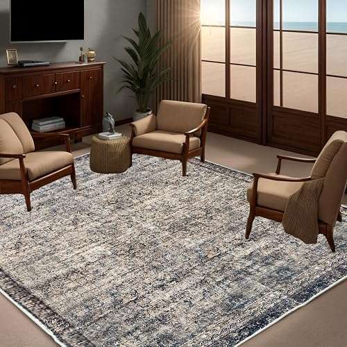 Throw Rugs with Rubber Backing Machine Washable Thin Area Rug 4x6 for Bedroom Living Room Indoor Distressed Waterproof Non-Slip Grey White Floral Print Carpet (C01, 4'x6')