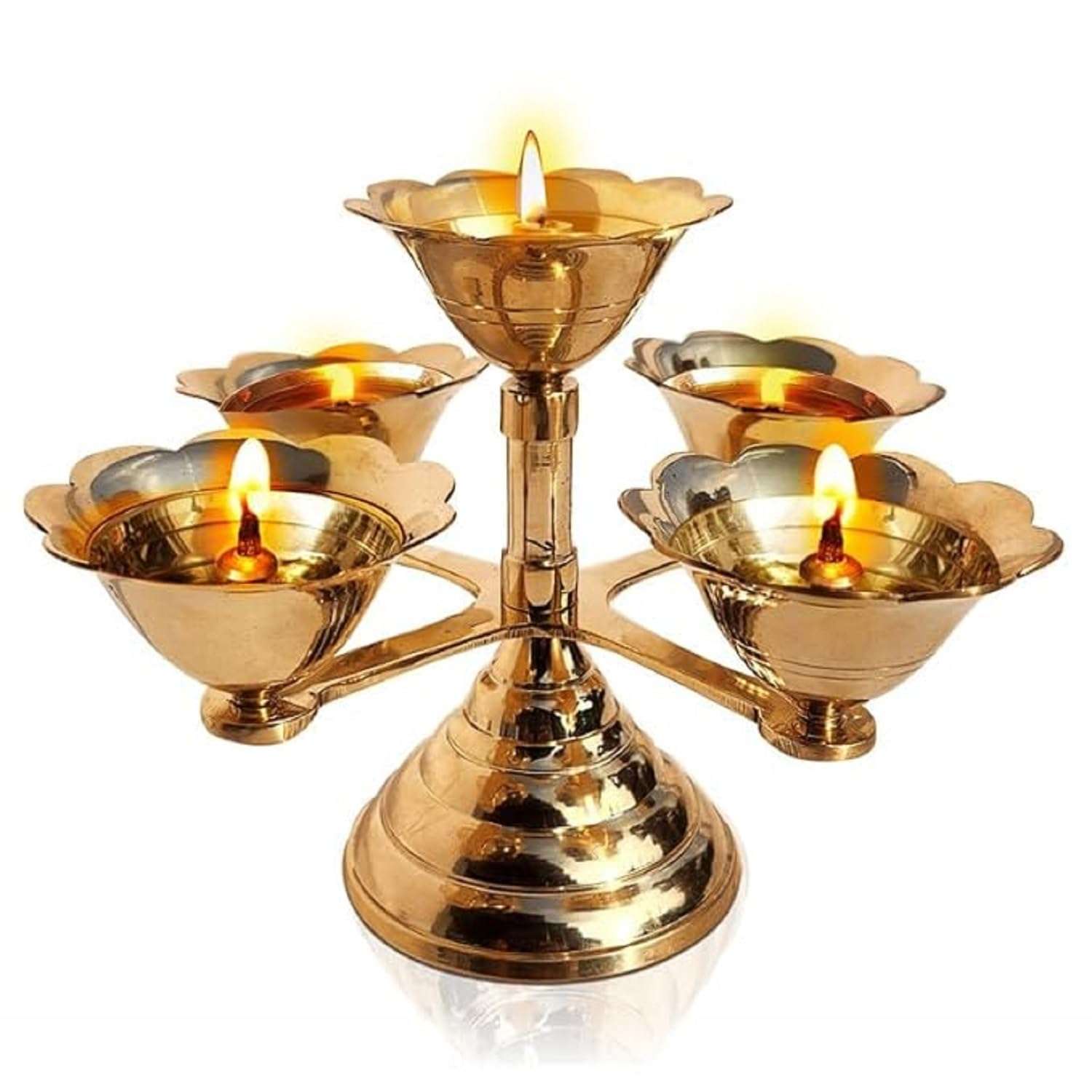 Pure Source India Pure Brass 5 Faced Ethnic Panchadeep | Bhadradeepam /Lamp/Akhand Diya for Mandir, Pooja Room,Diwali Gift Decorative Item for Home Decor (8 INCH. Gold 1PCS ) 400 GM 1