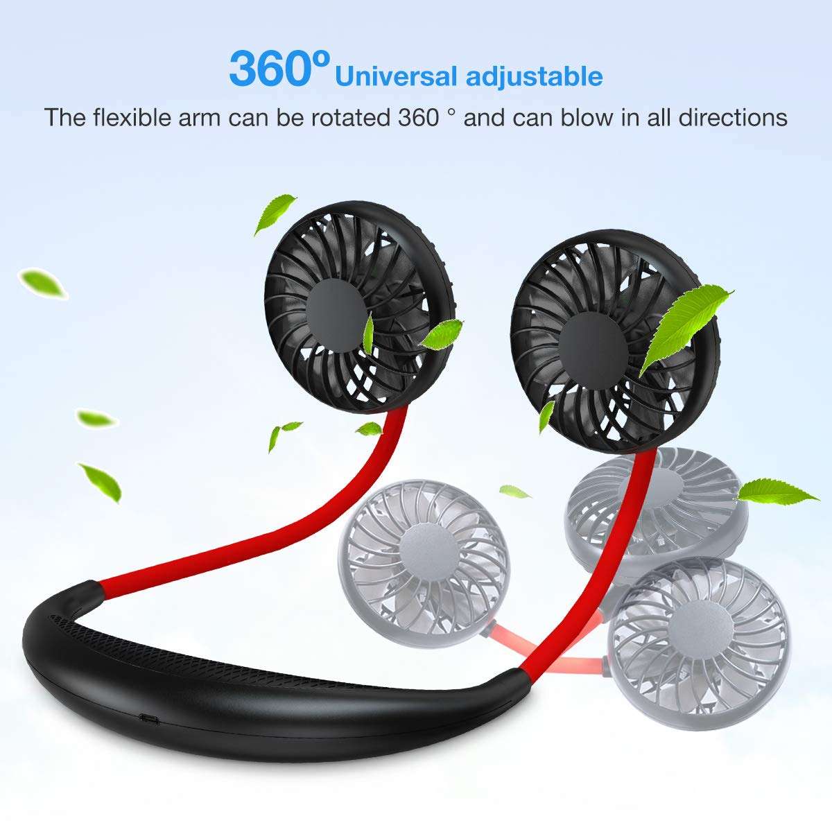 GIM 6.5-17 Hours Rechargeable USB Portable Hanging Neck Personal Sports Fan with 3 Level Air Flow 7 LED lights (Black, Red) 2