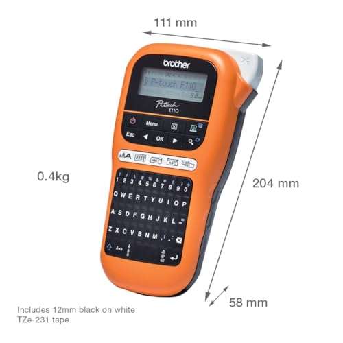 Brother PT-E110 Label Maker, P-Touch Electrician Label Printer, Handheld, QWERTY Keyboard, Up to 12mm Labels, Includes 12mm Black on White Tape Cassette 6
