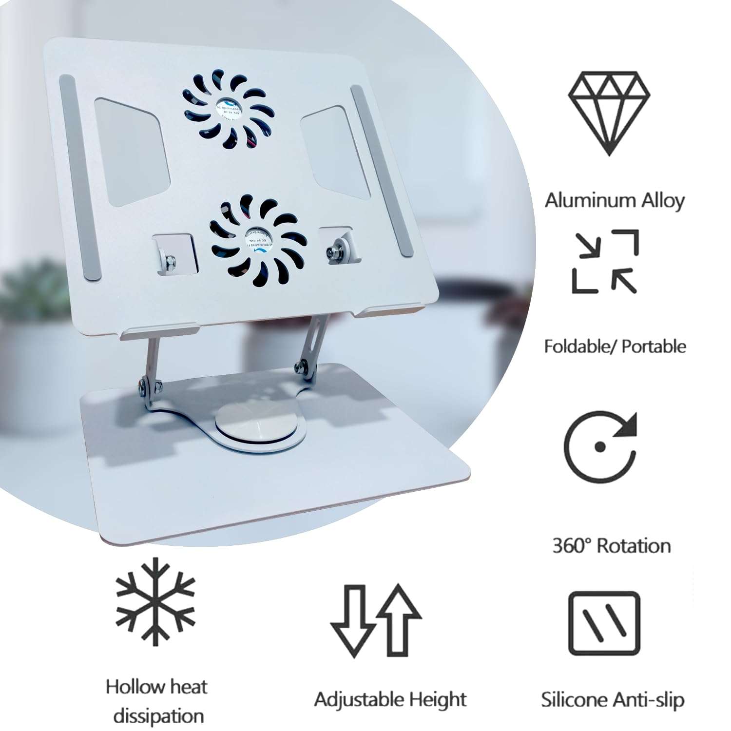 TEESTA Smart Design 360° Rotating Base Laptop Stand Portable 10-17.3inch Laptops Metal & Silicone Table Top Stand with Silent Cooling Double Fan Design Desk Adjustable Height (White,1-Pcs) 5