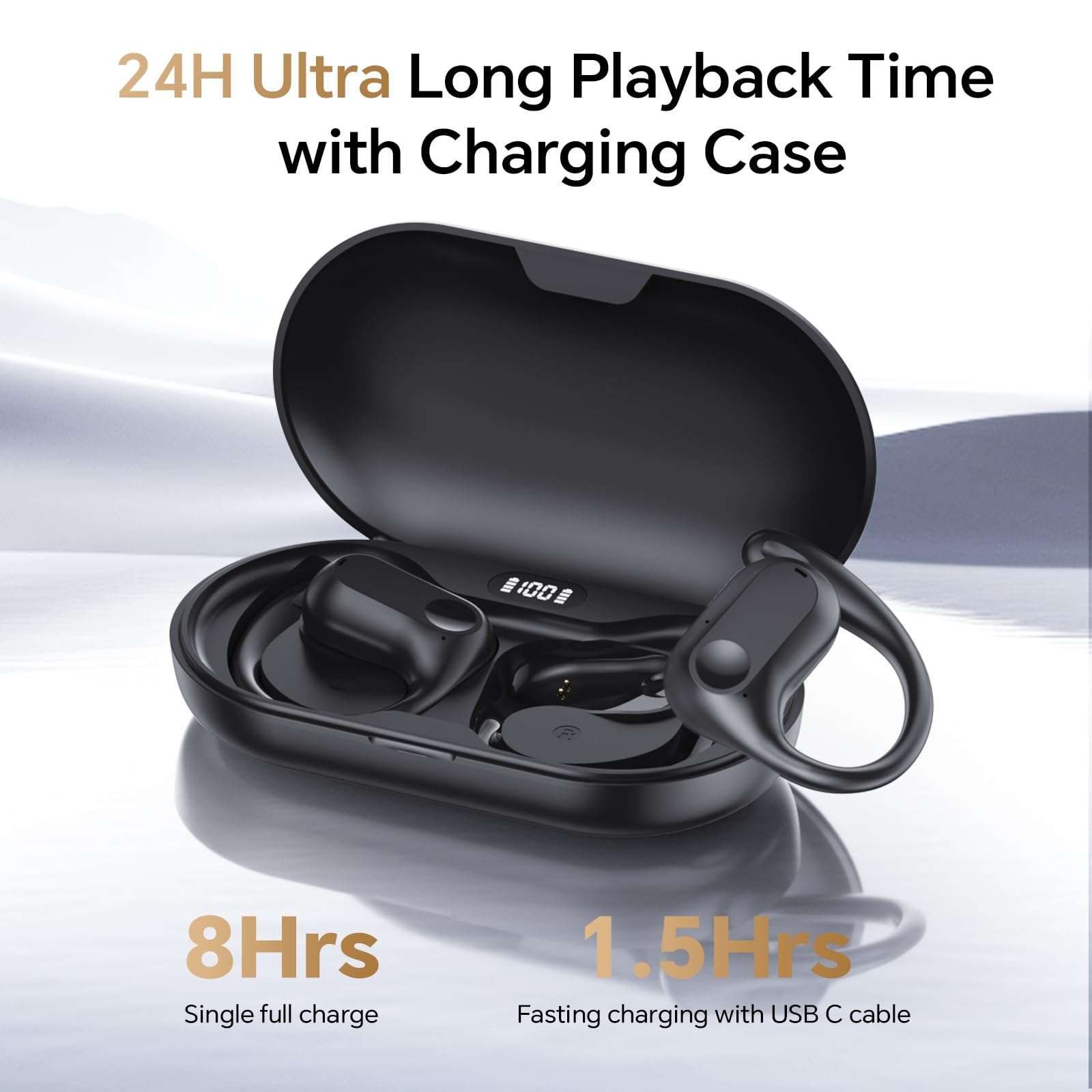 Open Ear Headphones Wireless Earbuds Air-Conduction Bluetooth Earphones LED Digital Display 24H Playtime Over Ear Buds Stereo Sound Lightweight with Earhooks for iPhone Android Cell Phones Sports Work 5