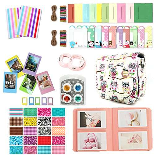 CLOVER 9 in 1 Accessory Bundle Set for Fujifilm Instax Mini 8 9 Camera : Owl Case Bag + Album + Close-up Lens + Color Filter + Sticker Borders + Wall Hang Frame + Film Frame + Corner Sticker (Pink) 1