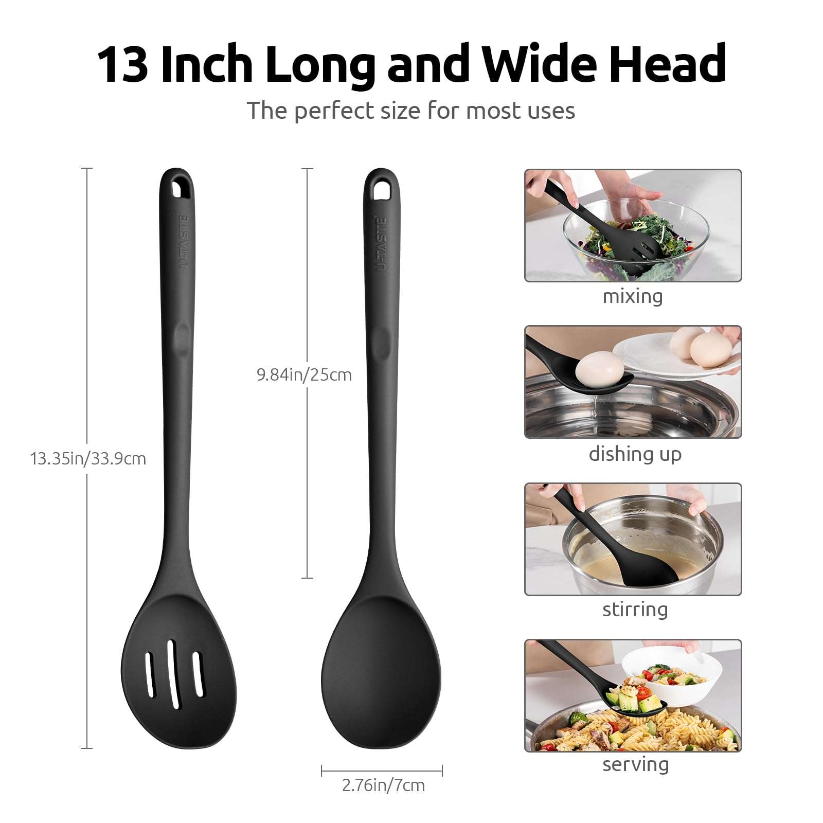 U-Taste 600℉ Heat Resistant Food Grade Non Stick Firm Cooking Tongs Set of 2, and 600ºF Heat Resistant Silicone Spoons, 13.3in Solid & Slotted Kitchen Mixing Tool (Black) 4