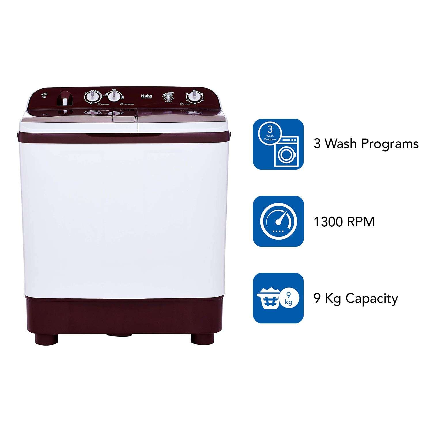 Haier 9 kg Semi-Automatic Top Loading Washing Machine (HTW90-1128BT, Burgundy) 3