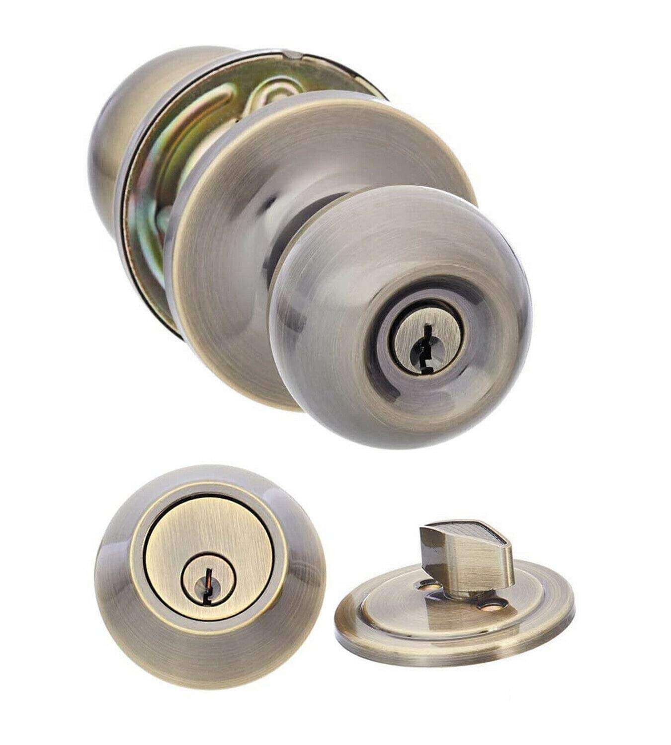 Single Cylinder Deadbolt Entrance Entry Round Door Knob Lock Combo Set Bronze Color 3