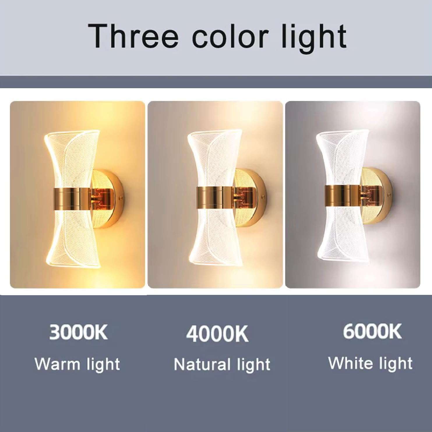 Groeien 12W | 3 Color LED Nordic Sconce Golden Mesh Transparent Indoor Home Acrylic Wall Lamp for Bedroom Living Room Corridor Lighting Fixtures Wall Mount(Warm+Natural+Coolwhite) 4