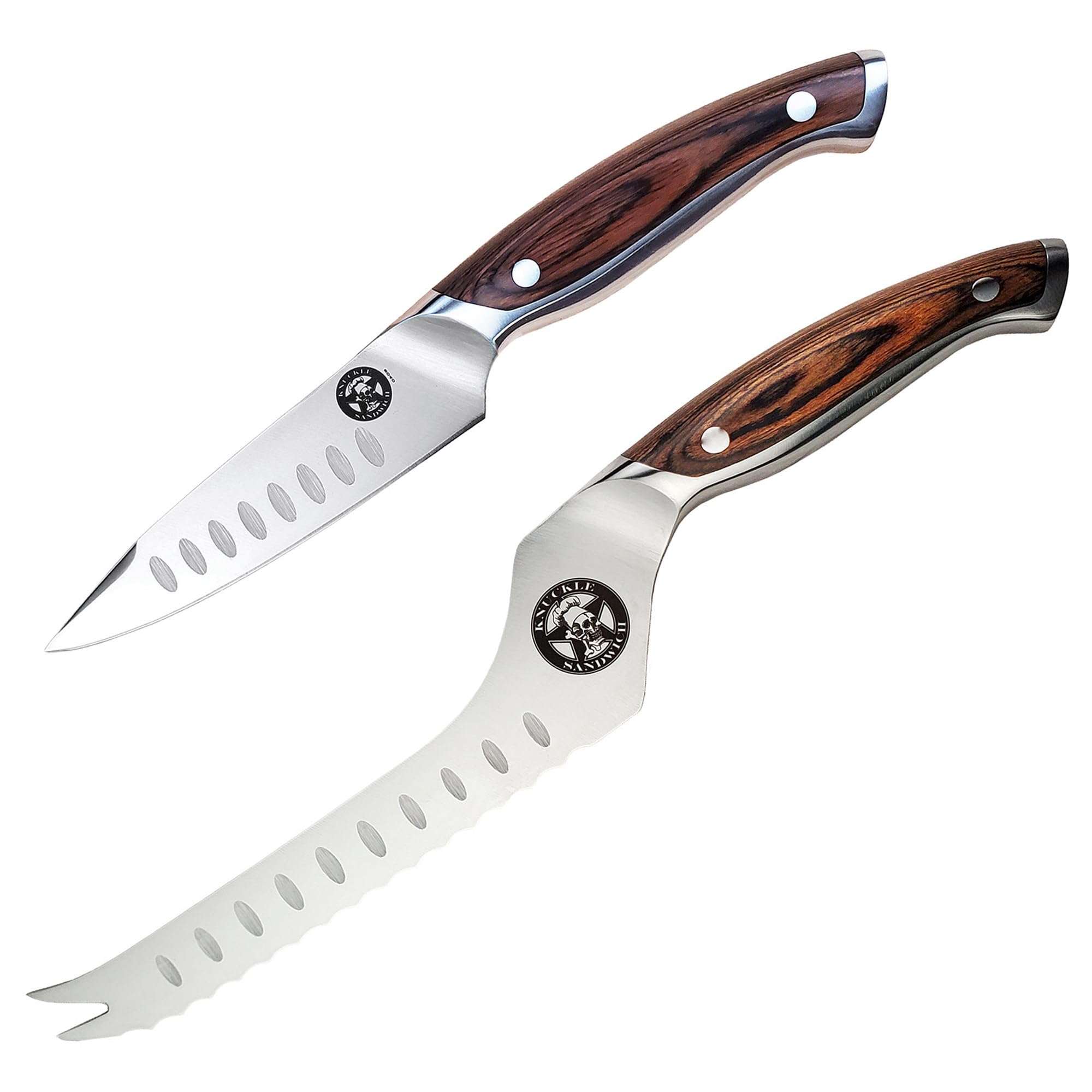 Ergo Chef Guy Fieri Knuckle Sandwich 4” Paring Knife & 6” Serrated Utility Knife Premium 7CR17MoV Stainless Steel, Hollow Ground Blade, Ergonomic Pakkawood Handle